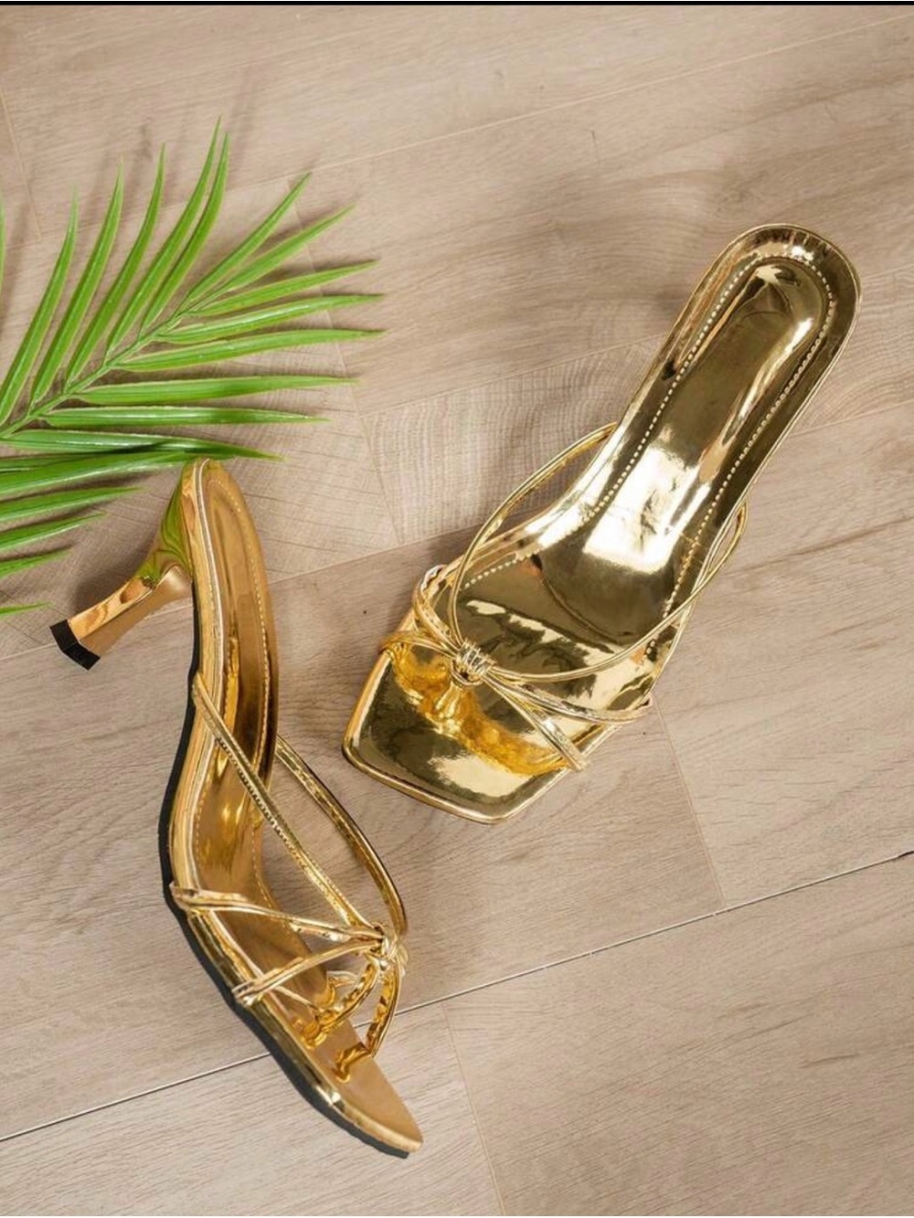 Metallic Gold Strappy Kitten Heel Mules - Women's Dress Sandals